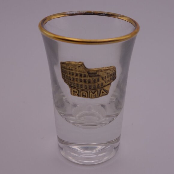 Roma Gold Rim Shot Glass with Metal Roma Coliseum Decoration - Picture 1 of 10